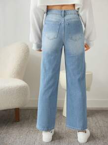 SHEIN Solid Color Casual Teenage Girls' Straight Leg Jeans With Distressed Holes, Spring/Summer - Light Wash - View 2