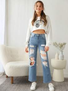 SHEIN Solid Color Casual Teenage Girls' Straight Leg Jeans With Distressed Holes, Spring/Summer - Light Wash - View 3