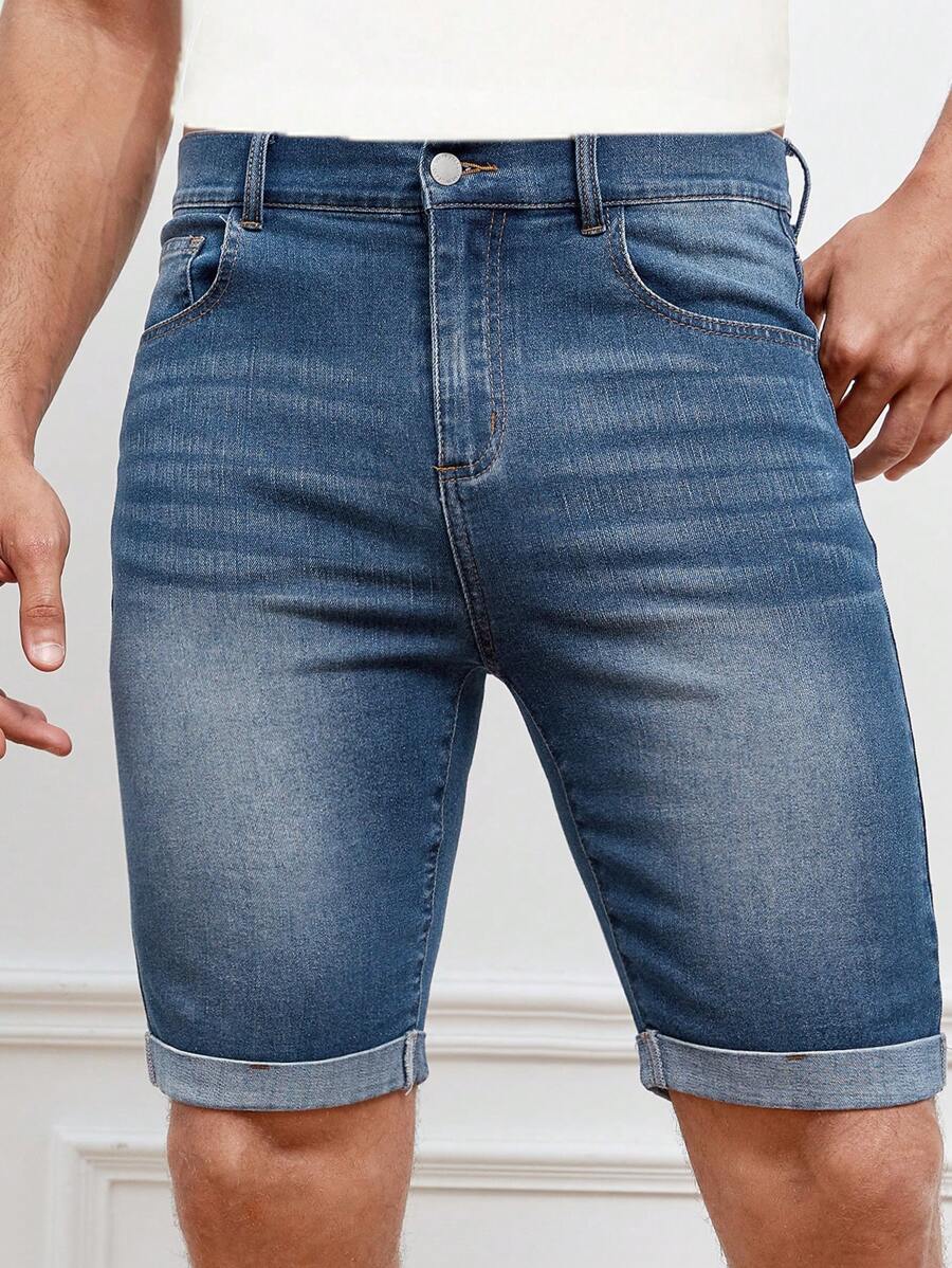 GENTILAND 男士棉斜口袋反摺褲腳牛仔短褲