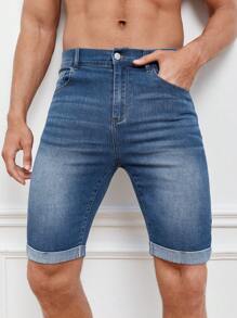 GENTILAND 男士棉斜口袋反摺褲腳牛仔短褲