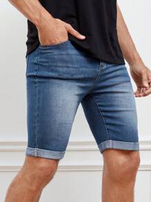 GENTILAND 男士棉斜口袋反摺褲腳牛仔短褲