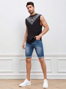 GENTILAND 男士棉斜口袋反摺褲腳牛仔短褲