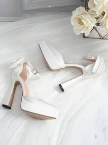 Mujer Tacones con diseño de lazo de punta plataforma tacón pirámide tira tobillera boda exterior de satén - Blanco - Ver 3