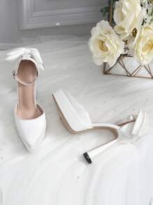 Mujer Tacones con diseño de lazo de punta plataforma tacón pirámide tira tobillera boda exterior de satén - Blanco - Ver 4