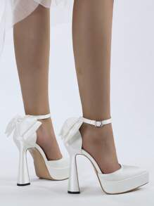 Mujer Tacones con diseño de lazo de punta plataforma tacón pirámide tira tobillera boda exterior de satén - Blanco - Ver 5