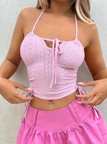 SHEIN ICON 網眼刺繡側抽繩前繫帶掛脖上衣 - 淺粉色 - 查看 1