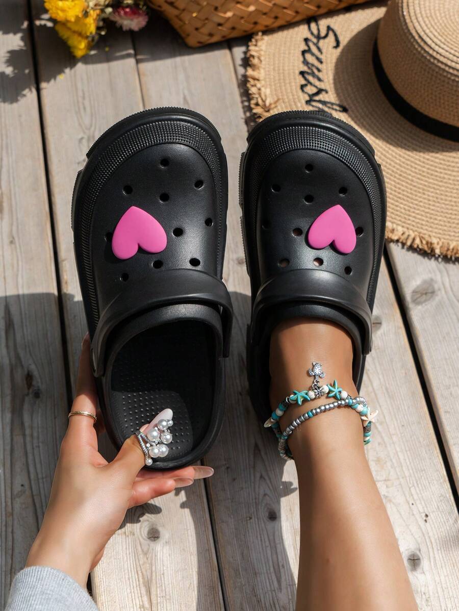 Phụ nữ trang trí trái tim guốc rỗng có lỗ thông hơi, guốc eva ngoài trời thời trang - màu đen - Xem 1