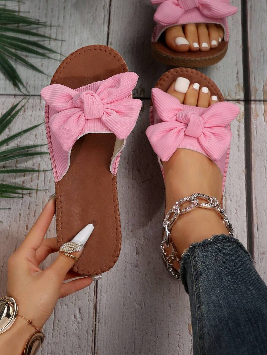 Women Bow Decor Slide Sandals, Fashion Summer Flat Sandals Valentines - Pink - View 1