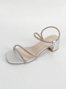 Giày cao gót đế xuồng màu bạc cho nữ, giày cao gót đế xuồng dày đính đá chéo mũi hở thời trang và thoải mái mới về cho nữ vào mùa xuân và mùa hè - Bạc - Xem 6