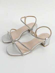 Giày cao gót đế xuồng màu bạc cho nữ, giày cao gót đế xuồng dày đính đá chéo mũi hở thời trang và thoải mái mới về cho nữ vào mùa xuân và mùa hè - Bạc - Xem 8