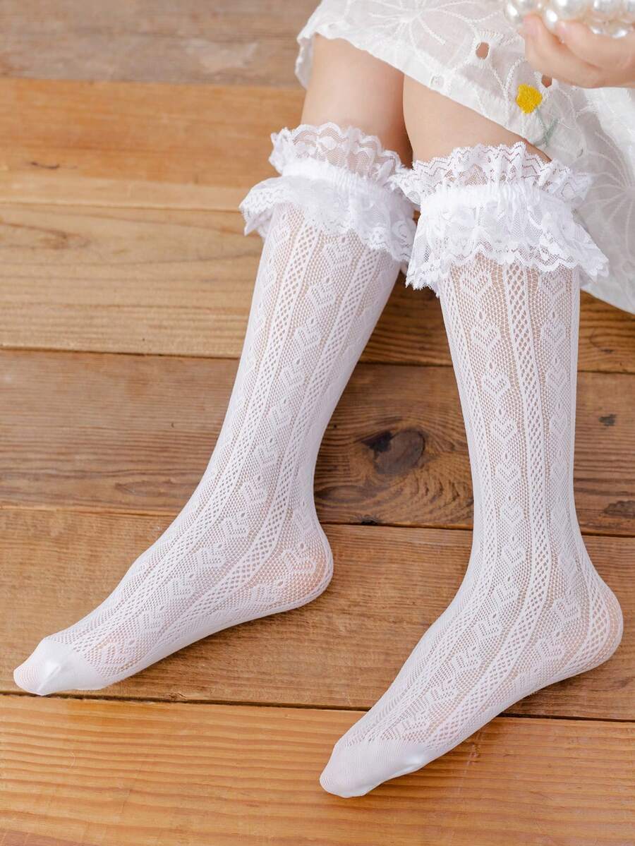 1pair Girls Hollow Out Ruched Detail Heart Print Crew Socks For Daily Life - White - View 1