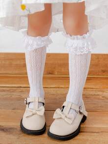 1pair Girls Hollow Out Ruched Detail Heart Print Crew Socks For Daily Life - White - View 3
