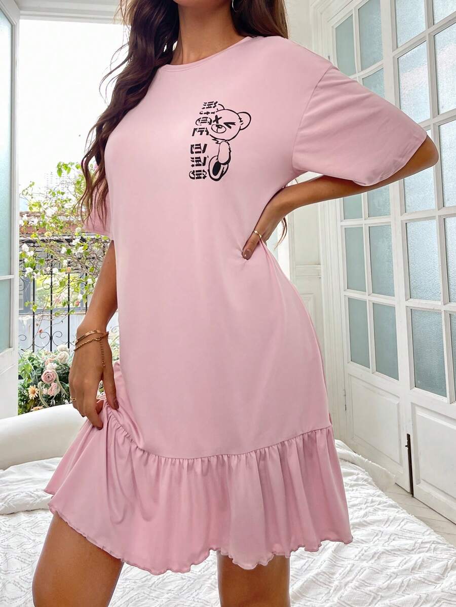 卡通和字母圖案荷葉邊睡裙