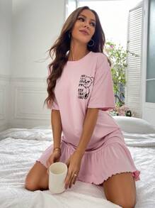 卡通和字母圖案荷葉邊睡裙