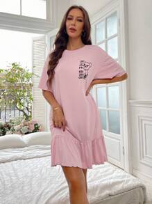 卡通和字母圖案荷葉邊睡裙