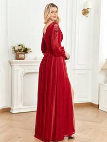 XUIBOL Split Thigh Appliques Mesh Sleeve Party Dress - Burgundy - View 3