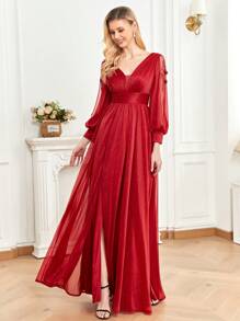 XUIBOL Split Thigh Appliques Mesh Sleeve Party Dress - Burgundy - View 5