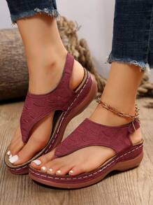 年輕女時尚紅海灘度假露趾坡跟涼鞋,適合戶外休閒穿著 - 酒紅色 - 查看 1