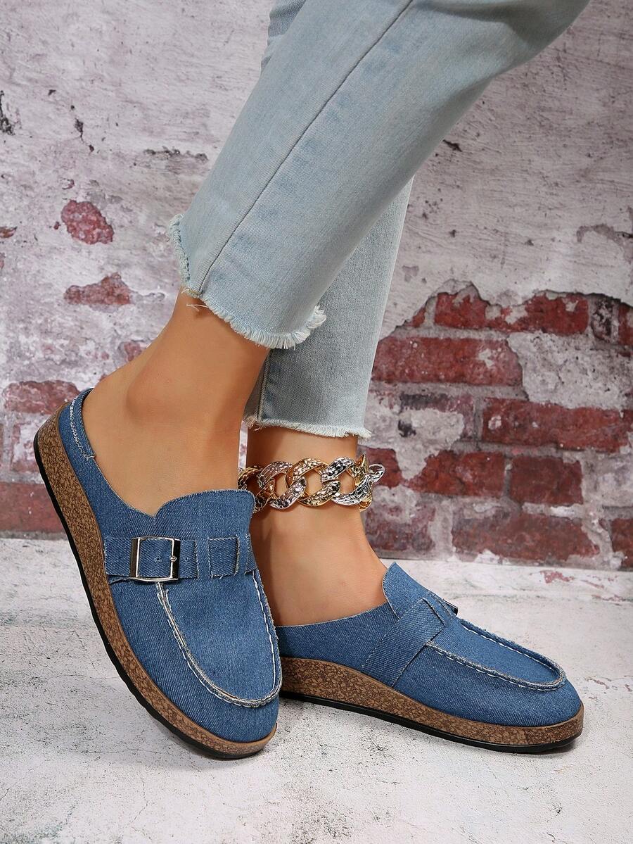 Giày bệt trang trí khóa ngẫu nhiên cho nữ, Giày bệt denim thời trang cho mùa hè - Màu xanh lam - Xem 1