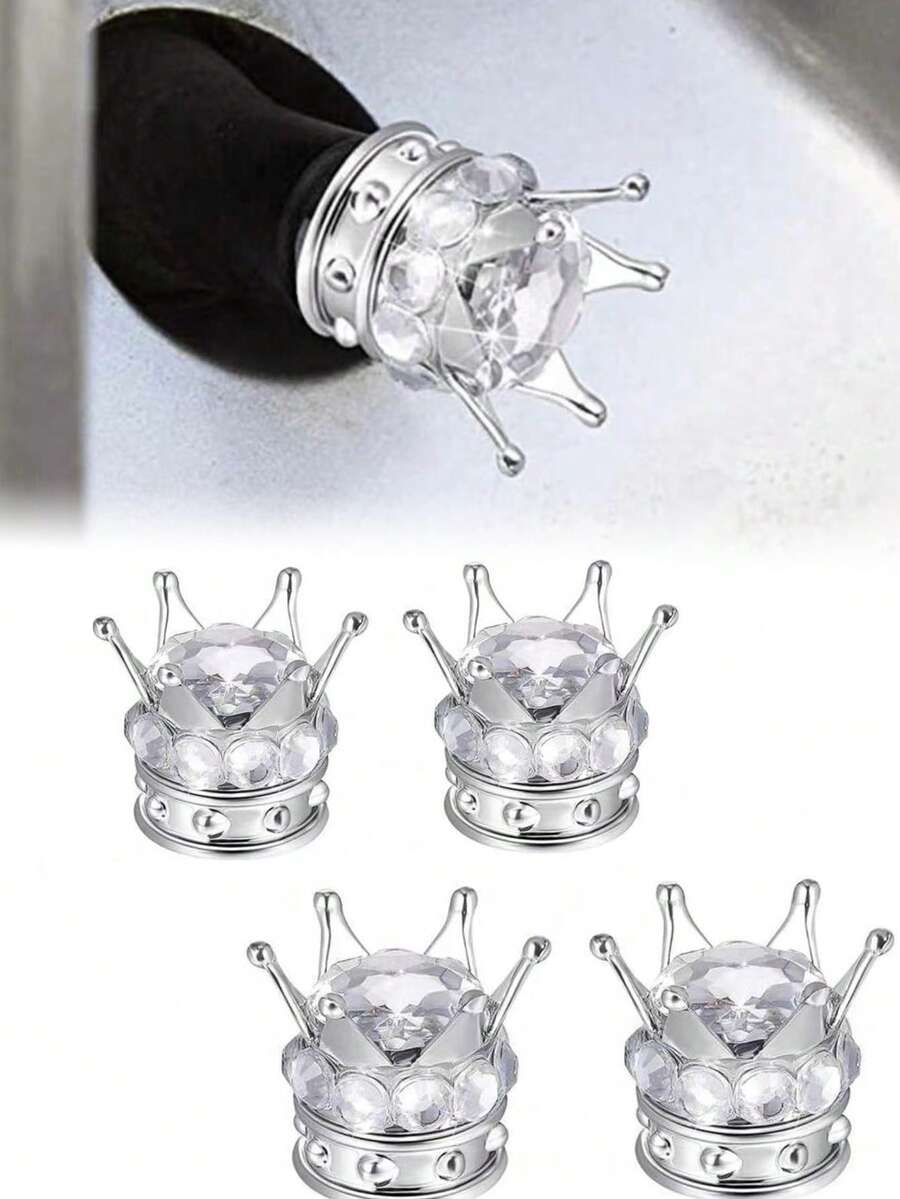 4 piezas Tapa de válvula de neumático de automóvil con diamante de imitación en forma de corona - Blanco - Ver 1
