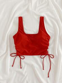 SHEIN Swim Summer Beach Drawstring Side Bikini Top - Red - View 1