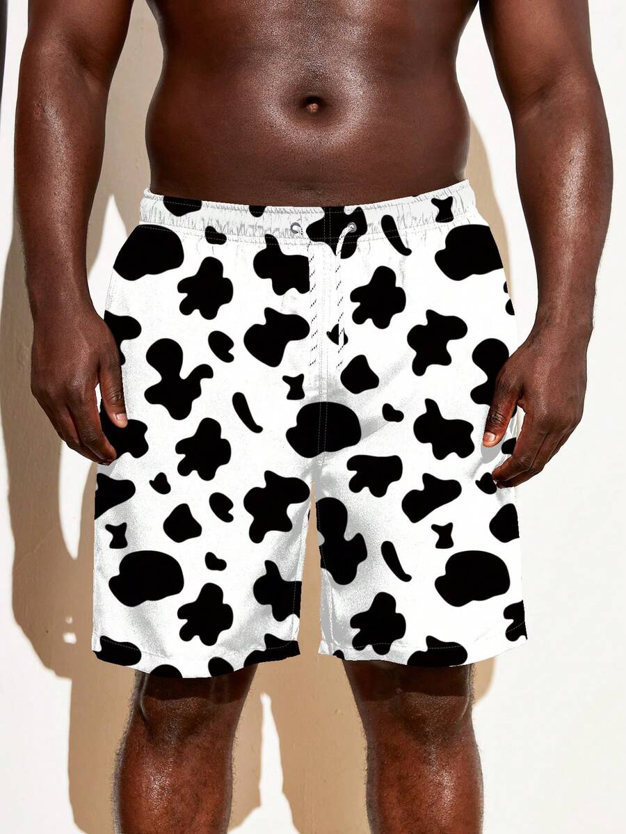 Manfinity Men Cow Print Drawstring Waist Swim Trunks - Black and White - View 1