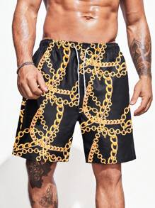 Manfinity Men Chain Print Drawstring Waist Swim Trunks - Black - View 1