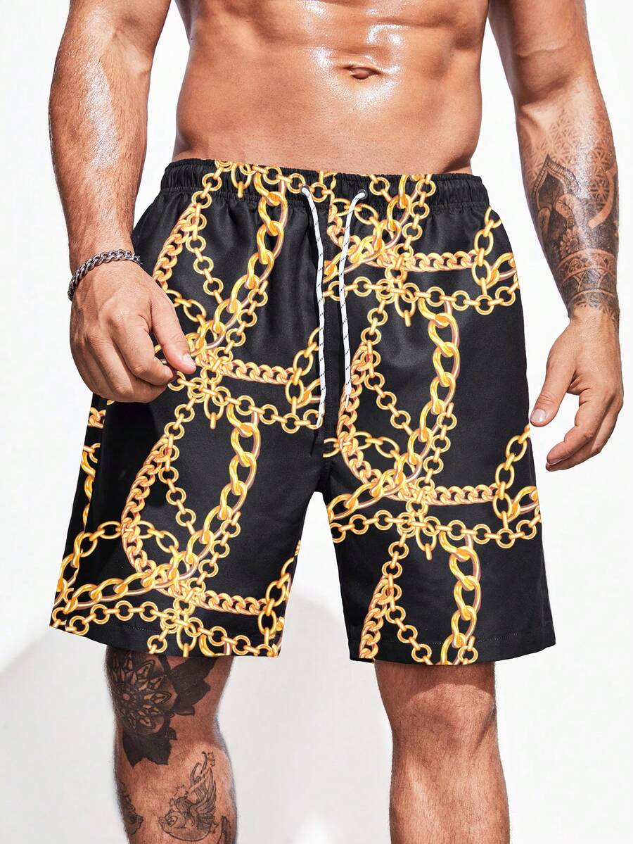 Manfinity Men Chain Print Drawstring Waist Swim Trunks - Black - View 1