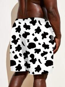 Manfinity Men Cow Print Drawstring Waist Swim Trunks - Black and White - View 2