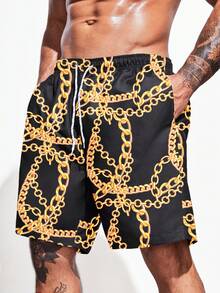 Manfinity Men Chain Print Drawstring Waist Swim Trunks - Black - View 3