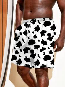 Manfinity Men Cow Print Drawstring Waist Swim Trunks - Black and White - View 5