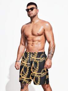Manfinity Men Chain Print Drawstring Waist Swim Trunks - Black - View 4