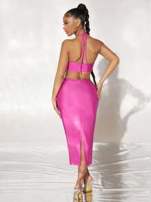 SHEIN SXY Đầm Lộ Lưng Cắt ra Nhẫn Buộc lại màu trơn Gợi cảm - Màu Hồng Tươi - Xem 2