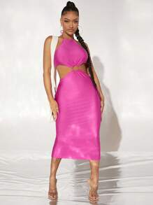 SHEIN SXY Đầm Lộ Lưng Cắt ra Nhẫn Buộc lại màu trơn Gợi cảm - Màu Hồng Tươi - Xem 5