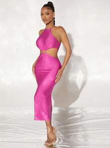 SHEIN SXY Đầm Lộ Lưng Cắt ra Nhẫn Buộc lại màu trơn Gợi cảm - Màu Hồng Tươi - Xem 6