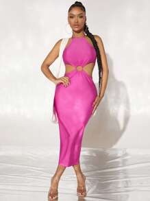 SHEIN SXY Đầm Lộ Lưng Cắt ra Nhẫn Buộc lại màu trơn Gợi cảm - Màu Hồng Tươi - Xem 7