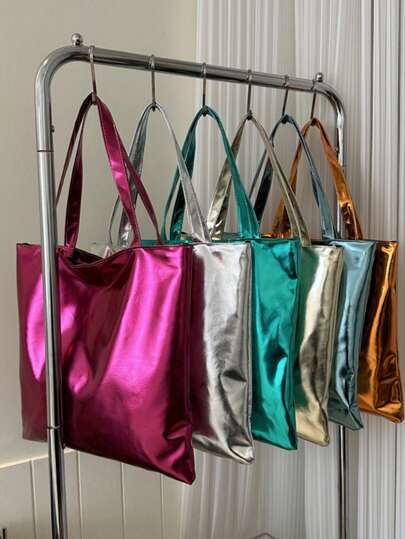 DareSee New Minimalist Large Capacity Glossy Finish Shoulder Tote Bag, Soft PU Leather Commute Tote Bag, Fashionable High Gloss Mirrored Tote Bag