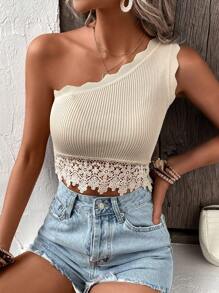 SHEIN VCAY Contrast Guipure Lace One Shoulder Scallop Trim Crop Knit Top - Apricot - View 1