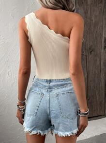 SHEIN VCAY Contrast Guipure Lace One Shoulder Scallop Trim Crop Knit Top - Apricot - View 2