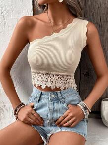 SHEIN VCAY Contrast Guipure Lace One Shoulder Scallop Trim Crop Knit Top - Apricot - View 4