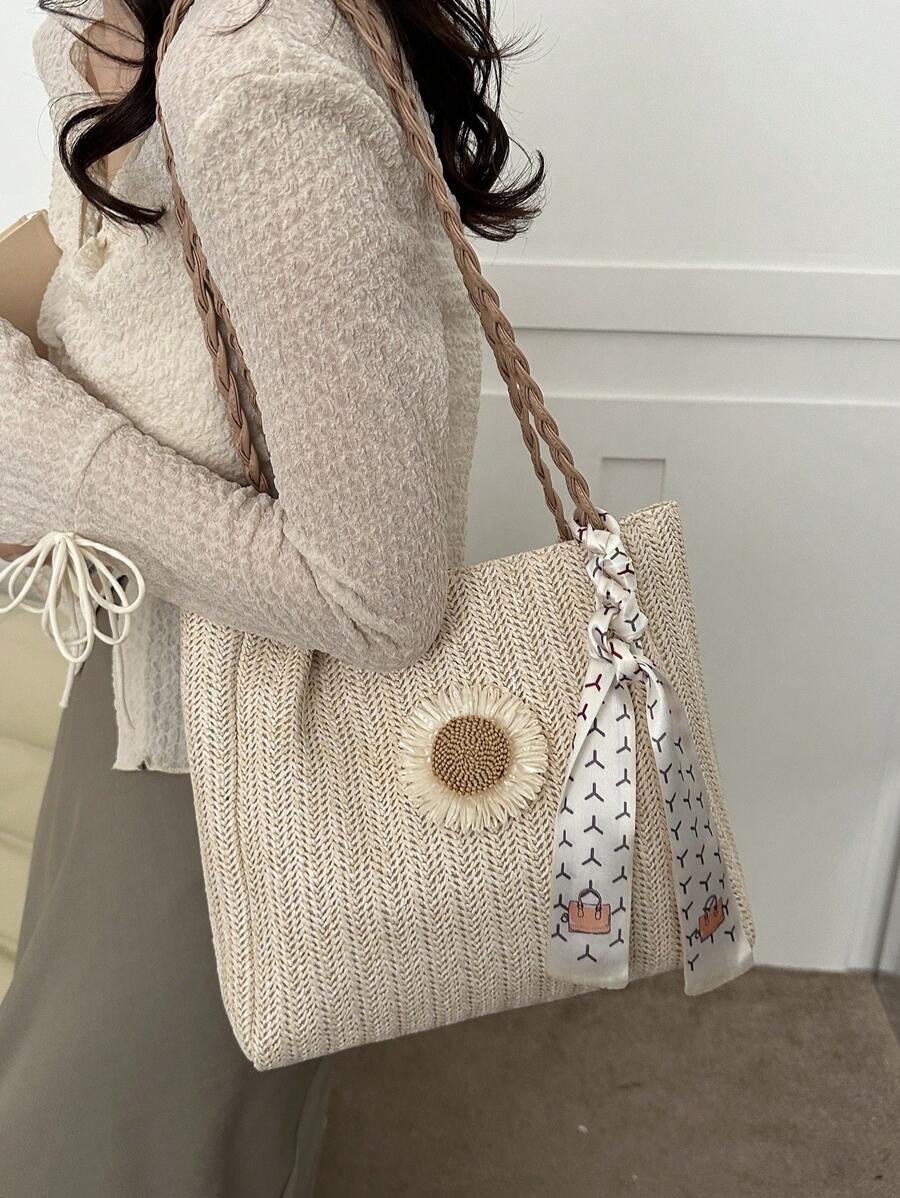 Scarf & Bow Decor Túi rơm Kỳ nghỉ - Màu be - Xem 1