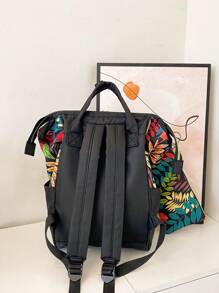 Leaf Print Functional Backpack With Coin Purse - Black - View 2