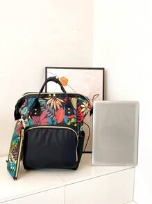 Leaf Print Functional Backpack With Coin Purse - Black - View 5