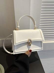 Mini Square Bag Beige Metal Decor Flap Top Handle - Beige - View 1