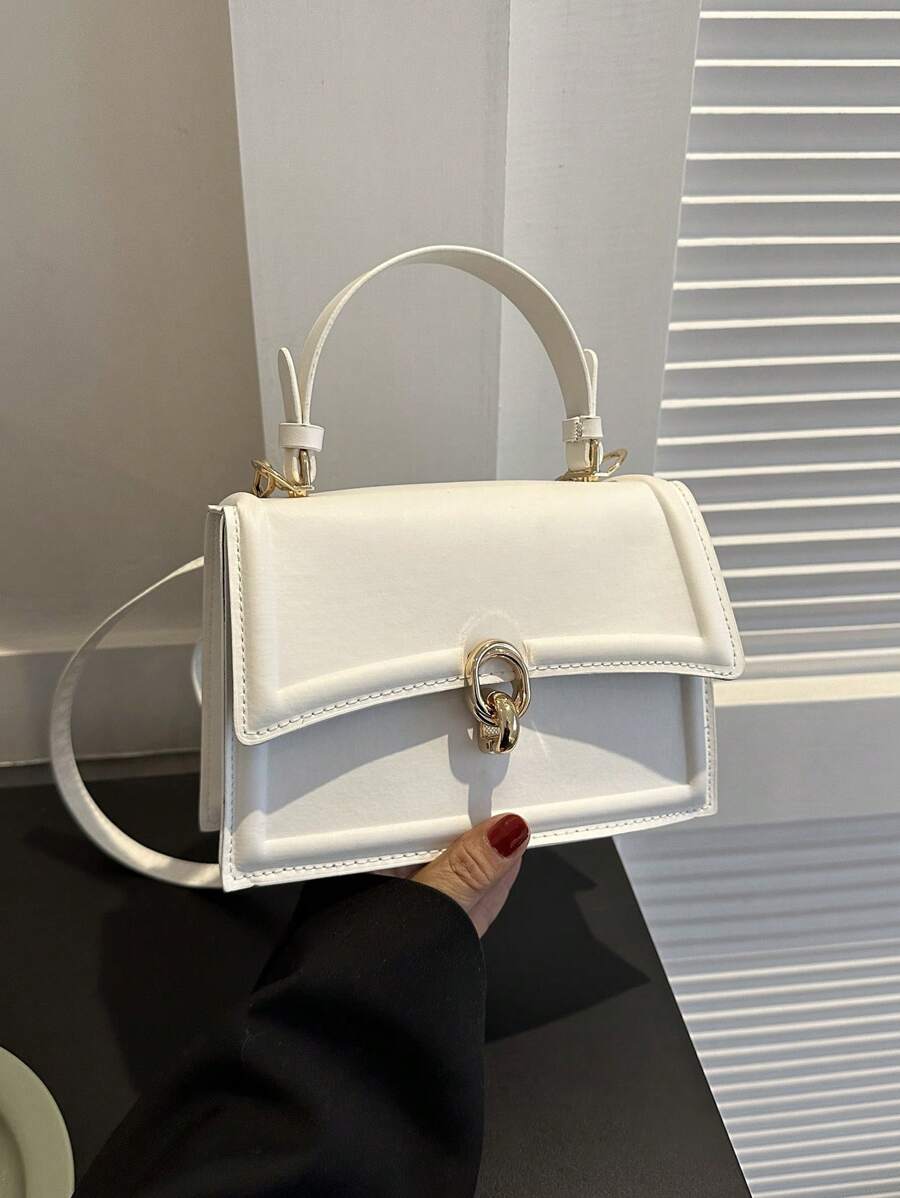 Mini Square Bag Beige Metal Decor Flap Top Handle - Beige - View 1