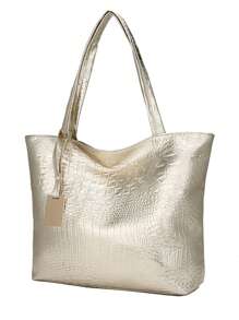 女士托特包PU皮革拉鍊素色金色適用於日常 - 金色 - 查看 2