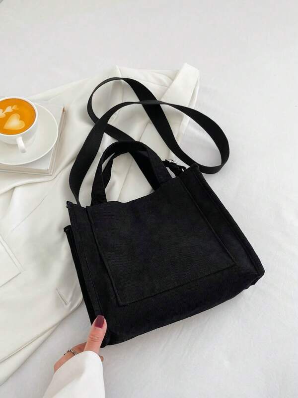 حقيبة مربعة مبسط نسيج قطن متوسط أسود مقبض مزدوج