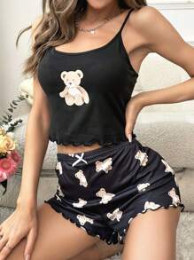 Bear Print Lettuce Trim PJ Set - Black - View 5