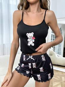 Bộ đồ ngủ Nữ Nơ Bướm Xù nhỏ Hoạt hình Đáng yêu - màu đen - Xem 4