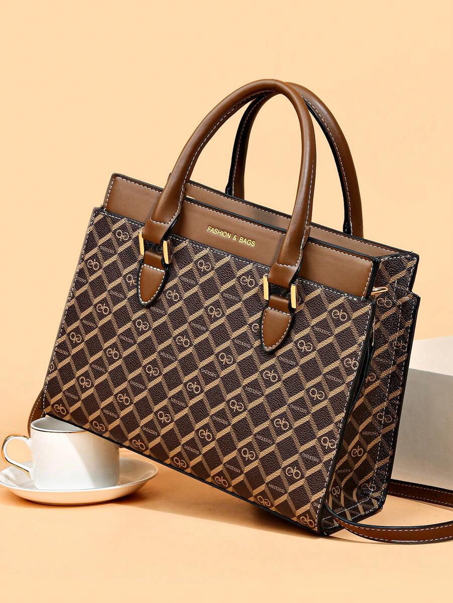 Geometric Pattern Square Bag Medium Double Handle - Multicolor - View 1